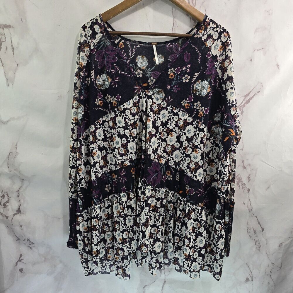 Free People Blouse Womens Medium Purple Floral Isabelle Babydoll V Long Sleeve